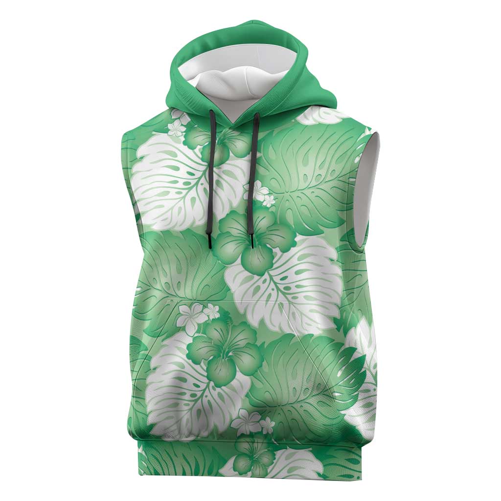Green Aloha Hawaii Sleeveless Hoodie Monstera Hibiscus Plumeria Seamless Vibes - Polynesian Pride