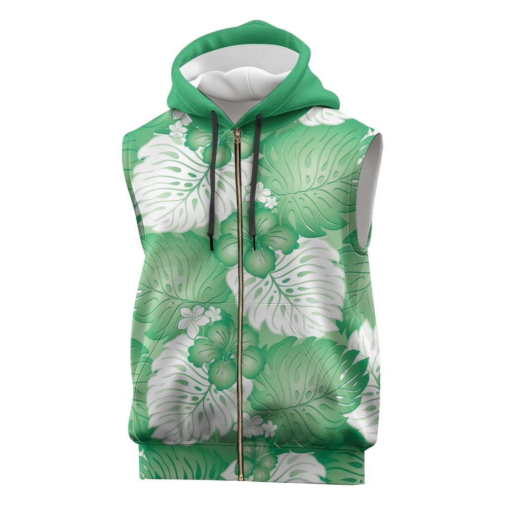 Green Aloha Hawaii Sleeveless Zip Hoodie Monstera Hibiscus Plumeria Seamless Vibes - Polynesian Pride