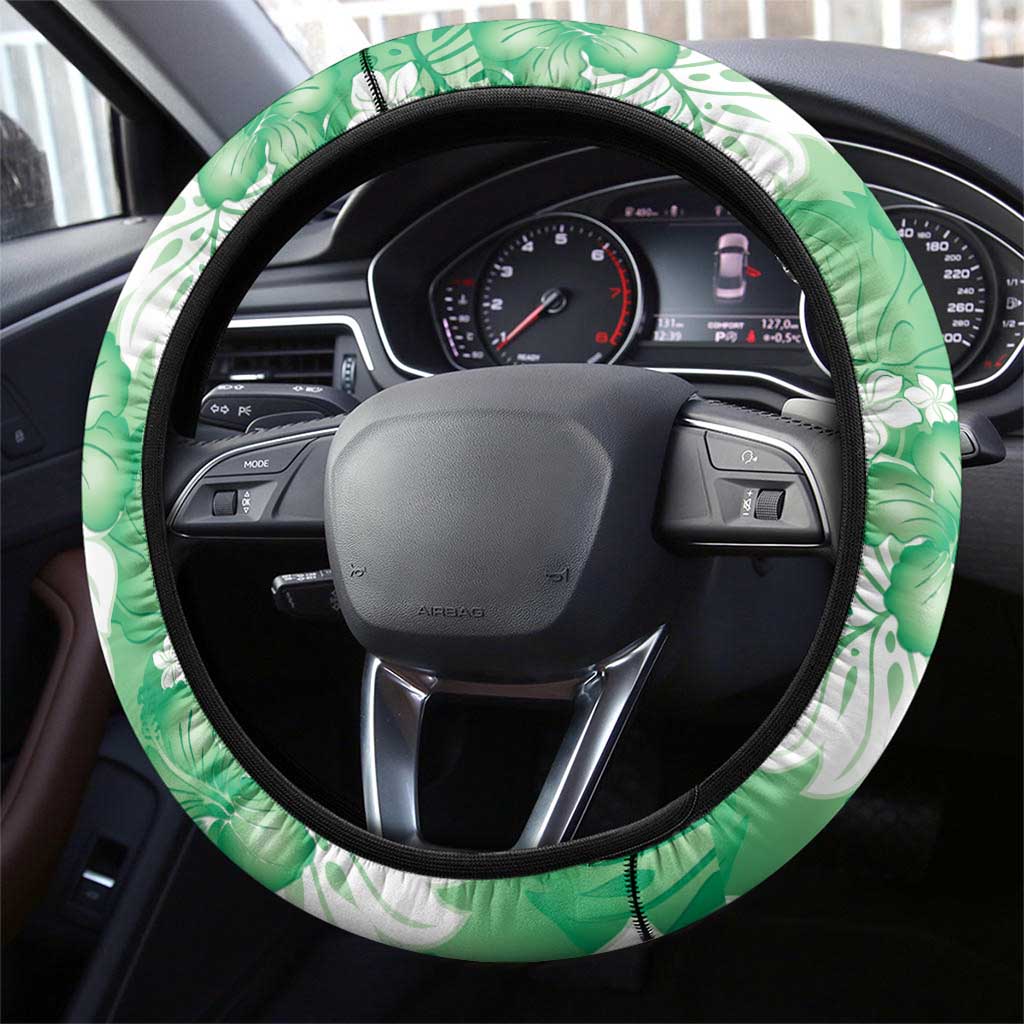Green Aloha Hawaii Steering Wheel Cover Monstera Hibiscus Plumeria Seamless Vibes - Polynesian Pride