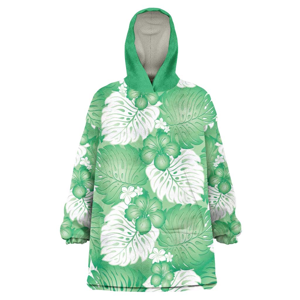 Green Aloha Hawaii Wearable Blanket Hoodie Monstera Hibiscus Plumeria Seamless Vibes - Polynesian Pride