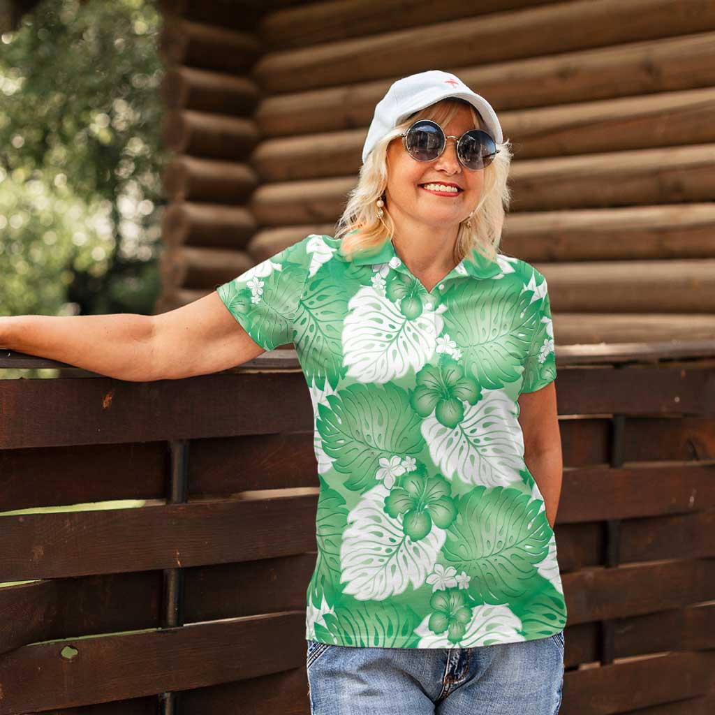 Green Aloha Hawaii Women Polo Shirt Monstera Hibiscus Plumeria Seamless Vibes - Polynesian Pride