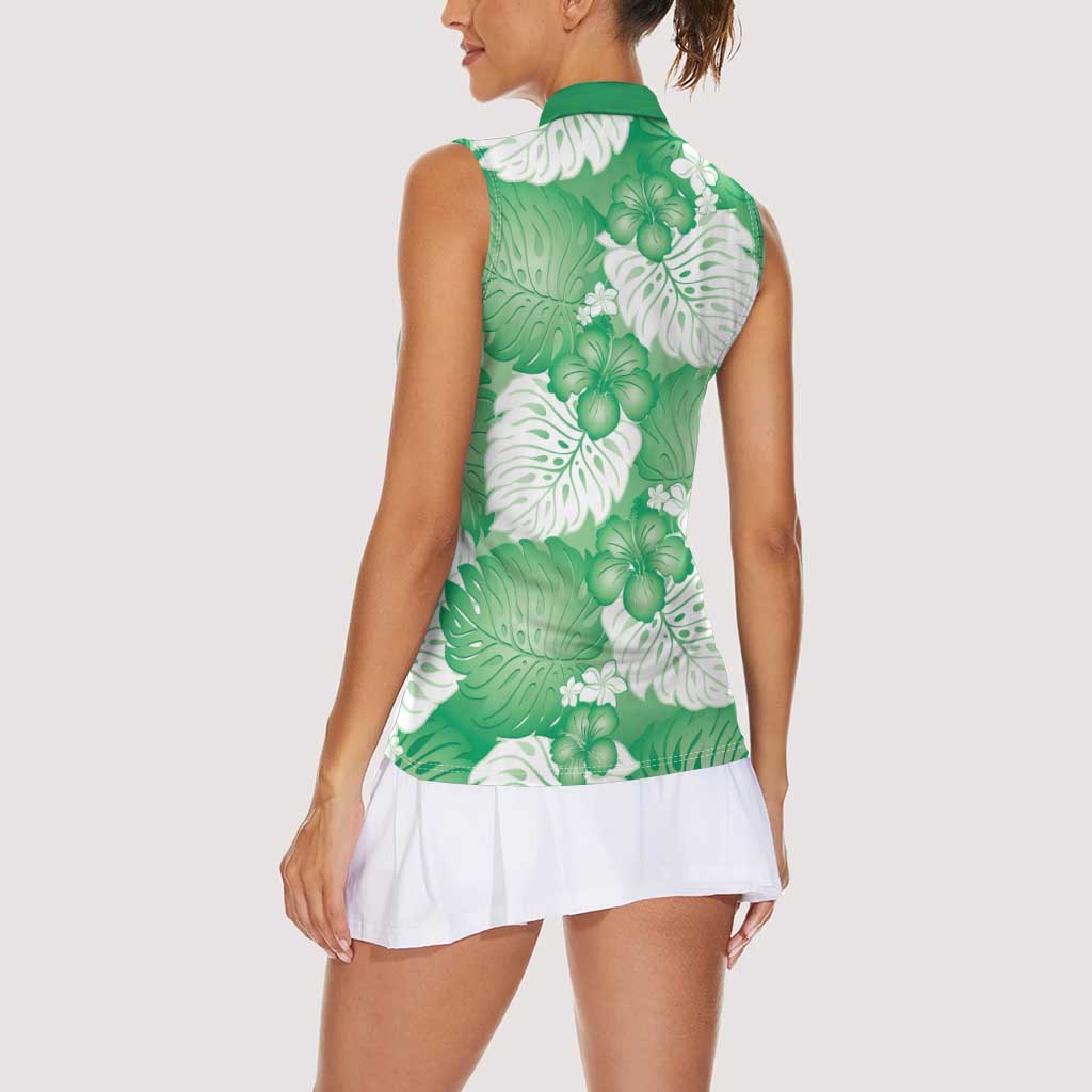 Green Aloha Hawaii Women Sleeveless Polo Shirt Monstera Hibiscus Plumeria Seamless Vibes - Polynesian Pride