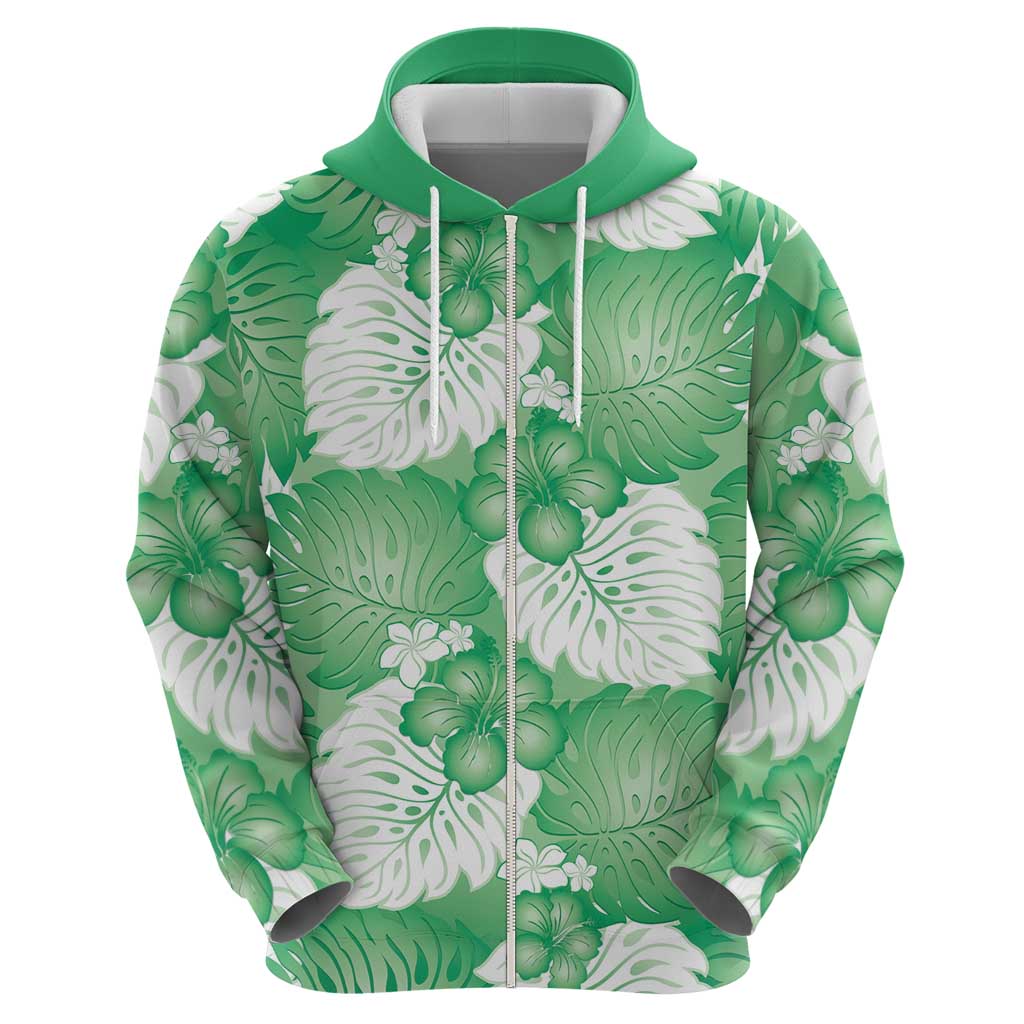 Green Aloha Hawaii Zip Hoodie Monstera Hibiscus Plumeria Seamless Vibes - Polynesian Pride