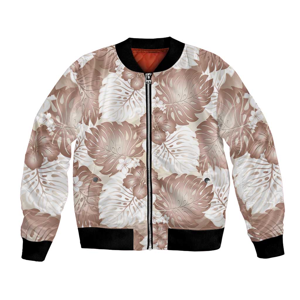 Mocha Mousse Aloha Hawaii Bomber Jacket Monstera Hibiscus Plumeria Seamless Vibes - Polynesian Pride