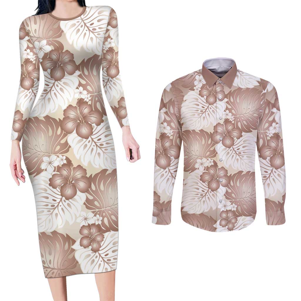 Mocha Mousse Aloha Hawaii Couples Matching Long Sleeve Bodycon Dress and Long Sleeve Button Shirt Monstera Hibiscus Plumeria Seamless Vibes - Polynesian Pride