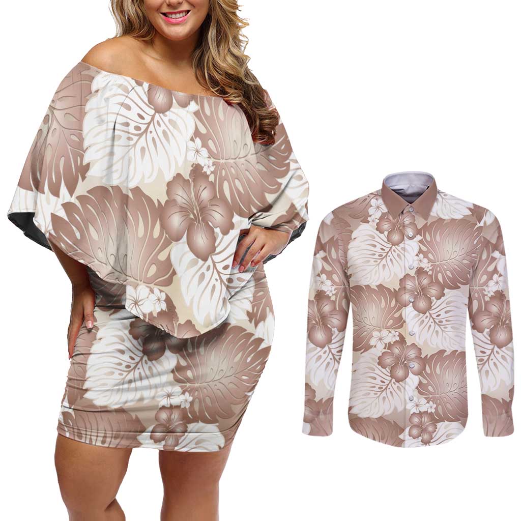 Mocha Mousse Aloha Hawaii Couples Matching Off Shoulder Short Dress and Long Sleeve Button Shirt Monstera Hibiscus Plumeria Seamless Vibes - Polynesian Pride