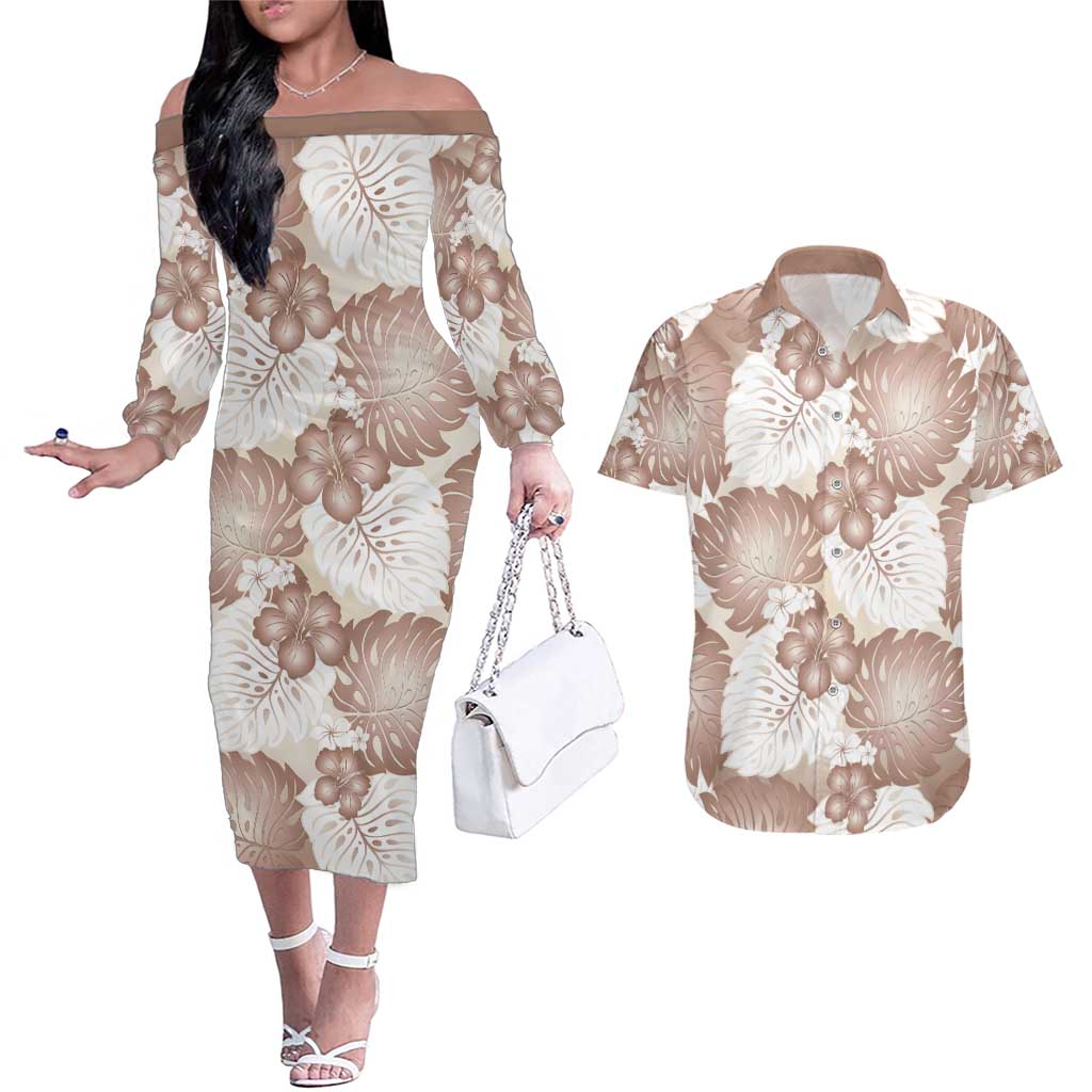 Mocha Mousse Aloha Hawaii Couples Matching Off The Shoulder Long Sleeve Dress and Hawaiian Shirt Monstera Hibiscus Plumeria Seamless Vibes - Polynesian Pride