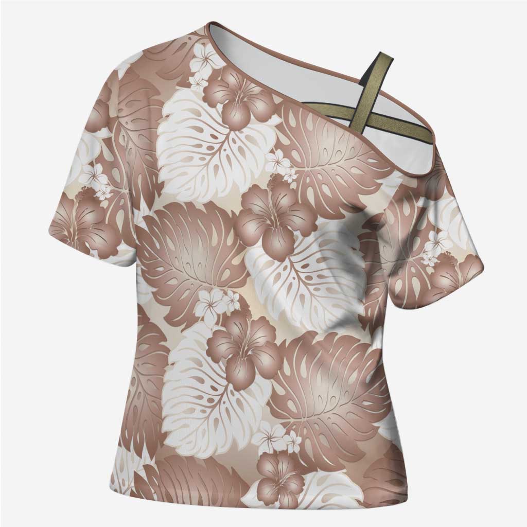 Mocha Mousse Aloha Hawaii Cross Shoulder Shirt Monstera Hibiscus Plumeria Seamless Vibes - Polynesian Pride