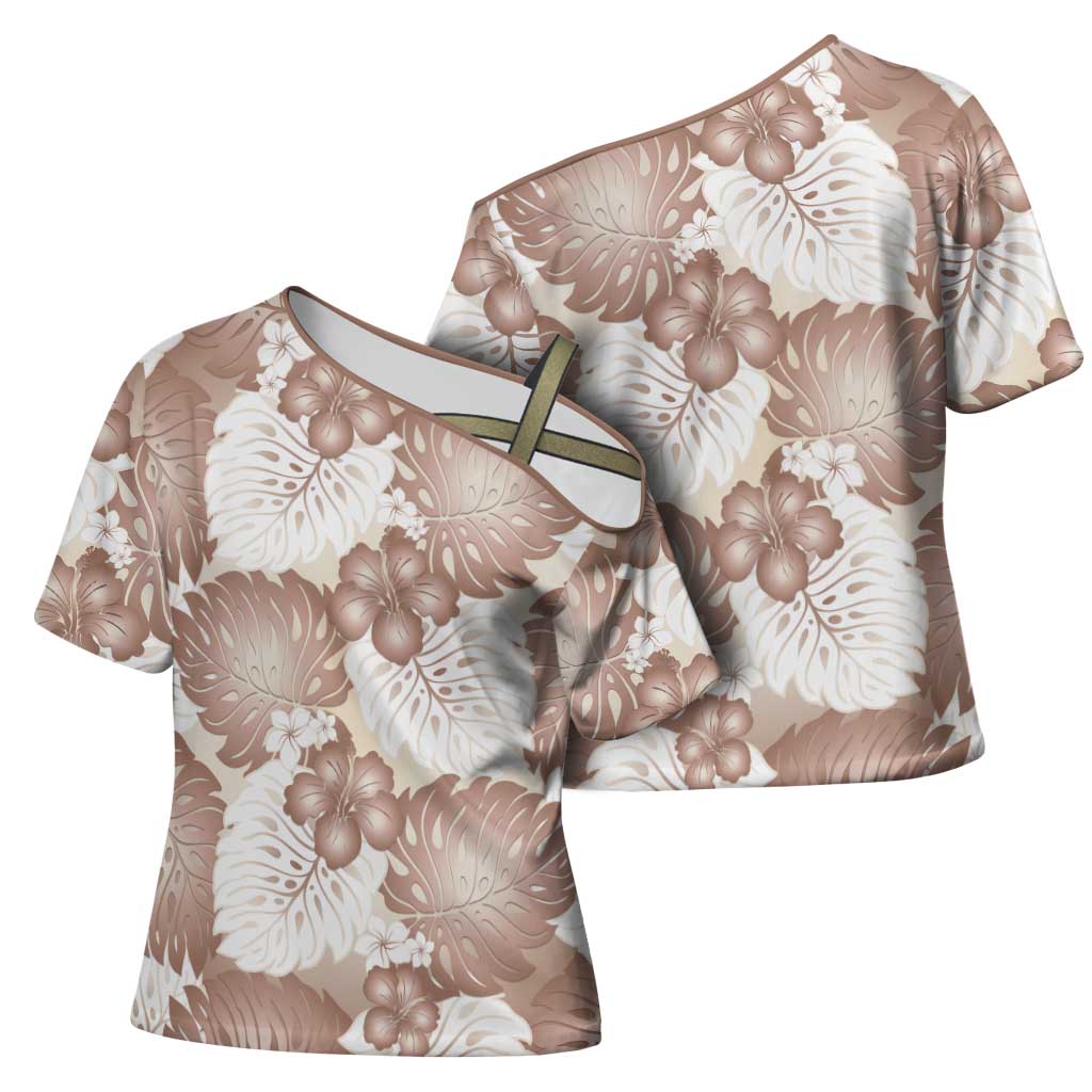 Mocha Mousse Aloha Hawaii Cross Shoulder Shirt Monstera Hibiscus Plumeria Seamless Vibes - Polynesian Pride