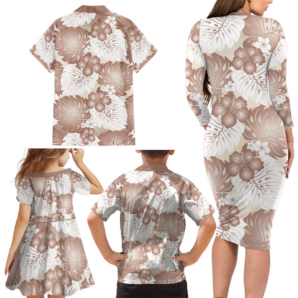 Mocha Mousse Aloha Hawaii Family Matching Long Sleeve Bodycon Dress and Hawaiian Shirt Monstera Hibiscus Plumeria Seamless Vibes - Polynesian Pride
