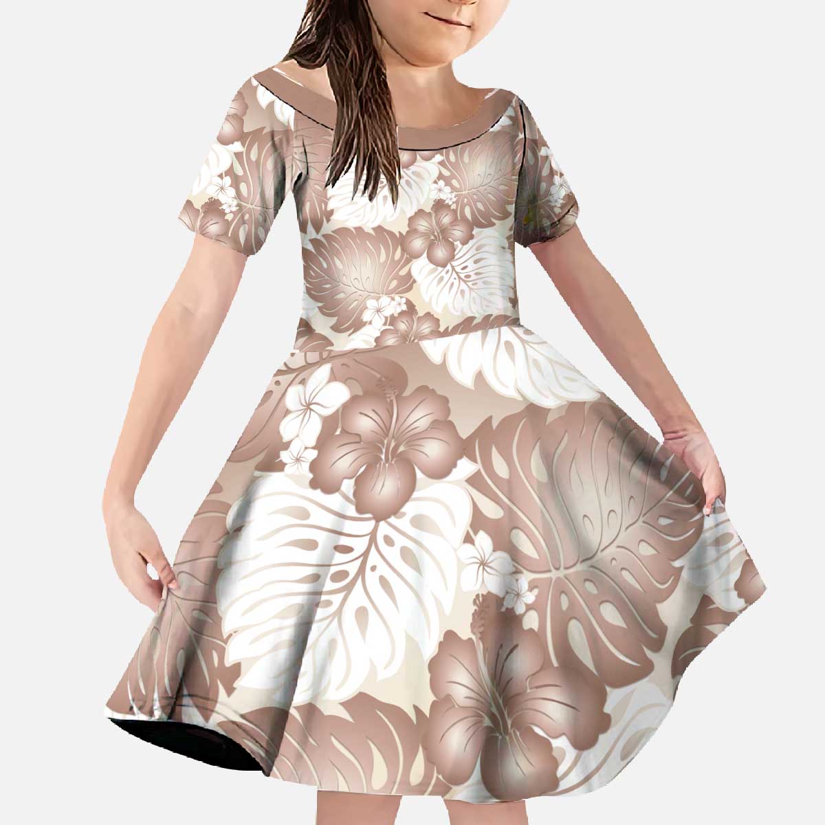 Mocha Mousse Aloha Hawaii Family Matching Off The Shoulder Long Sleeve Dress and Hawaiian Shirt Monstera Hibiscus Plumeria Seamless Vibes - Polynesian Pride