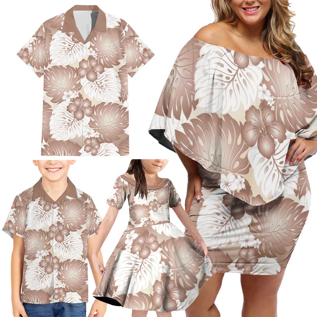 Mocha Mousse Aloha Hawaii Family Matching Off Shoulder Short Dress and Hawaiian Shirt Monstera Hibiscus Plumeria Seamless Vibes - Polynesian Pride