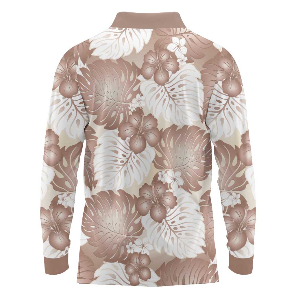 Mocha Mousse Aloha Hawaii Long Sleeve Polo Shirt Monstera Hibiscus Plumeria Seamless Vibes - Polynesian Pride