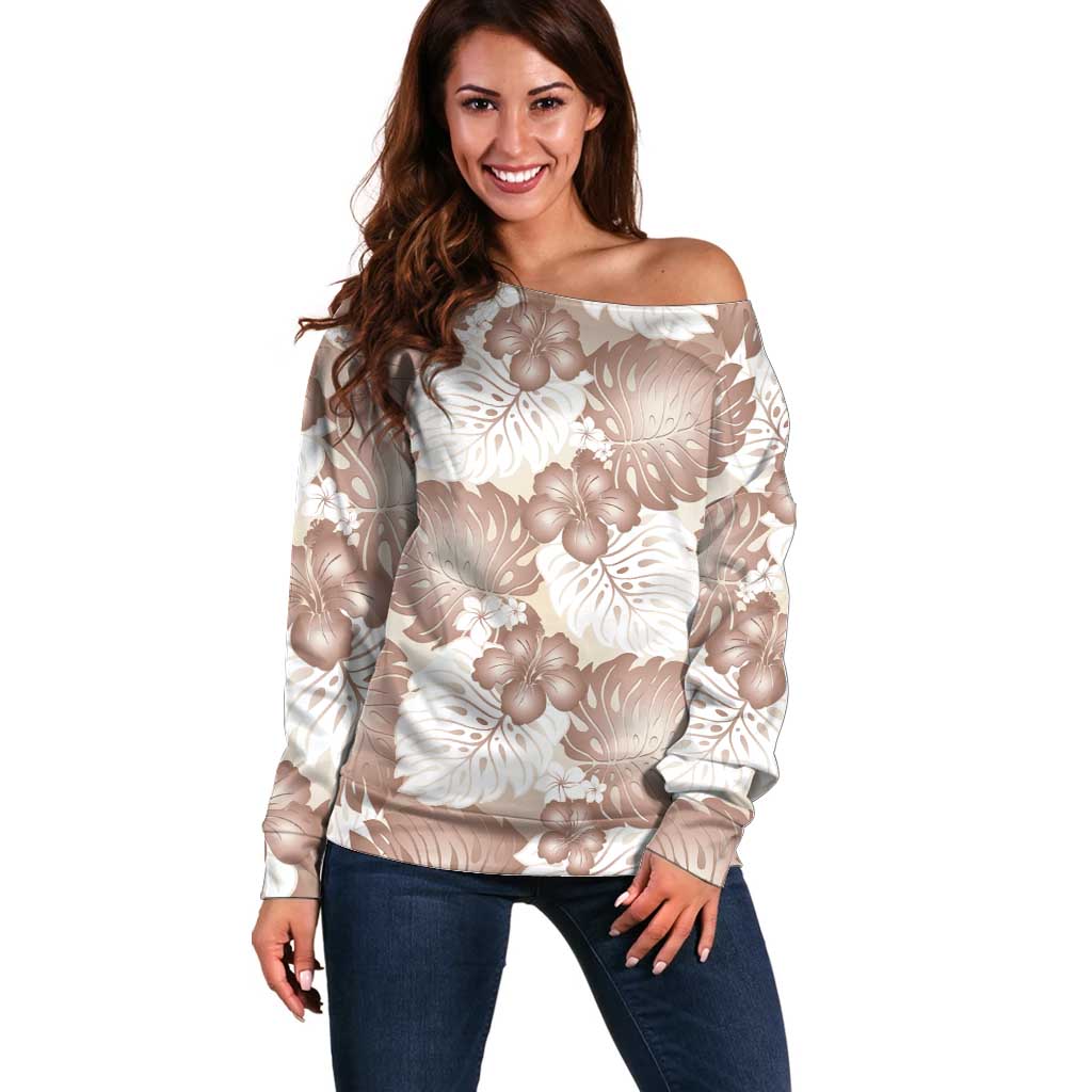 Mocha Mousse Aloha Hawaii Off Shoulder Sweater Monstera Hibiscus Plumeria Seamless Vibes - Polynesian Pride