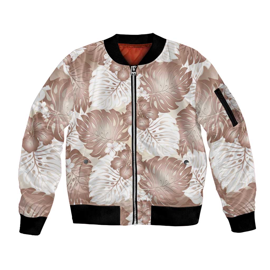 Mocha Mousse Aloha Hawaii Sleeve Zip Bomber Jacket Monstera Hibiscus Plumeria Seamless Vibes - Polynesian Pride