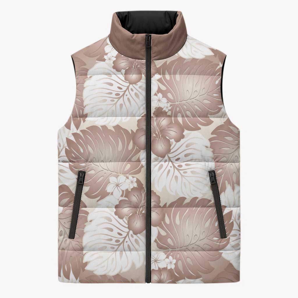Mocha Mousse Aloha Hawaii Sleeveless Puffer Jacket Monstera Hibiscus Plumeria Seamless Vibes - Polynesian Pride