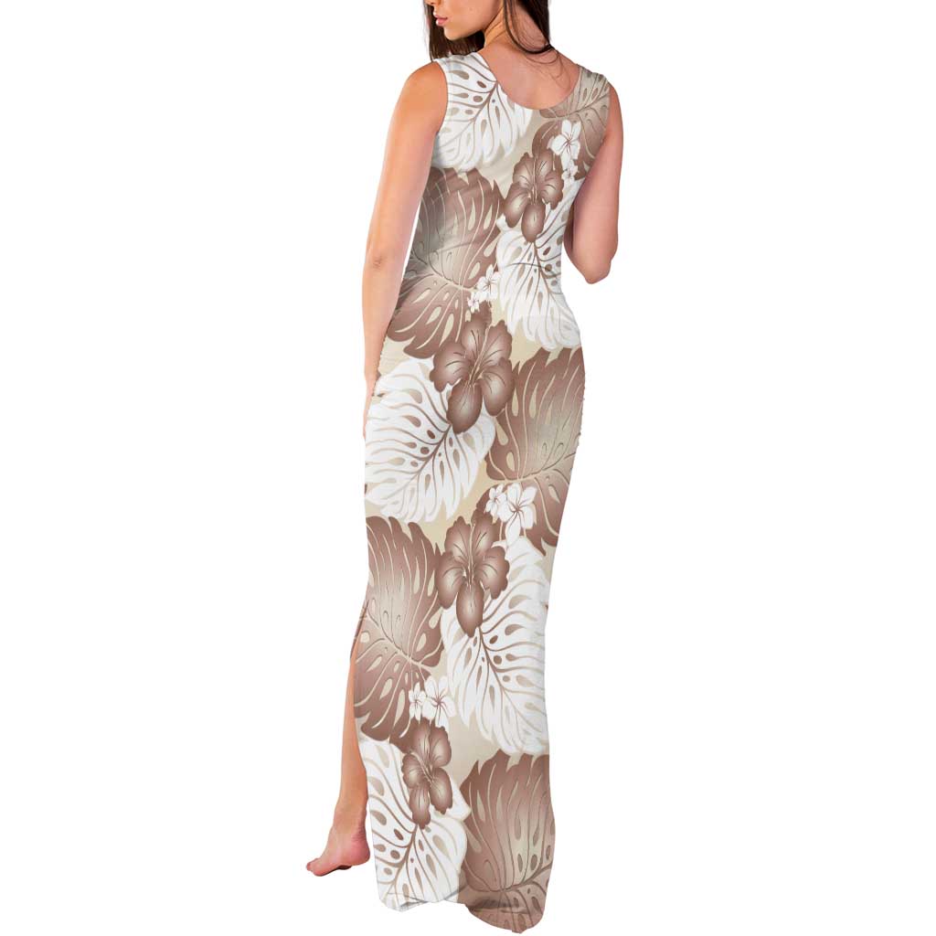 Mocha Mousse Aloha Hawaii Tank Maxi Dress Monstera Hibiscus Plumeria Seamless Vibes - Polynesian Pride