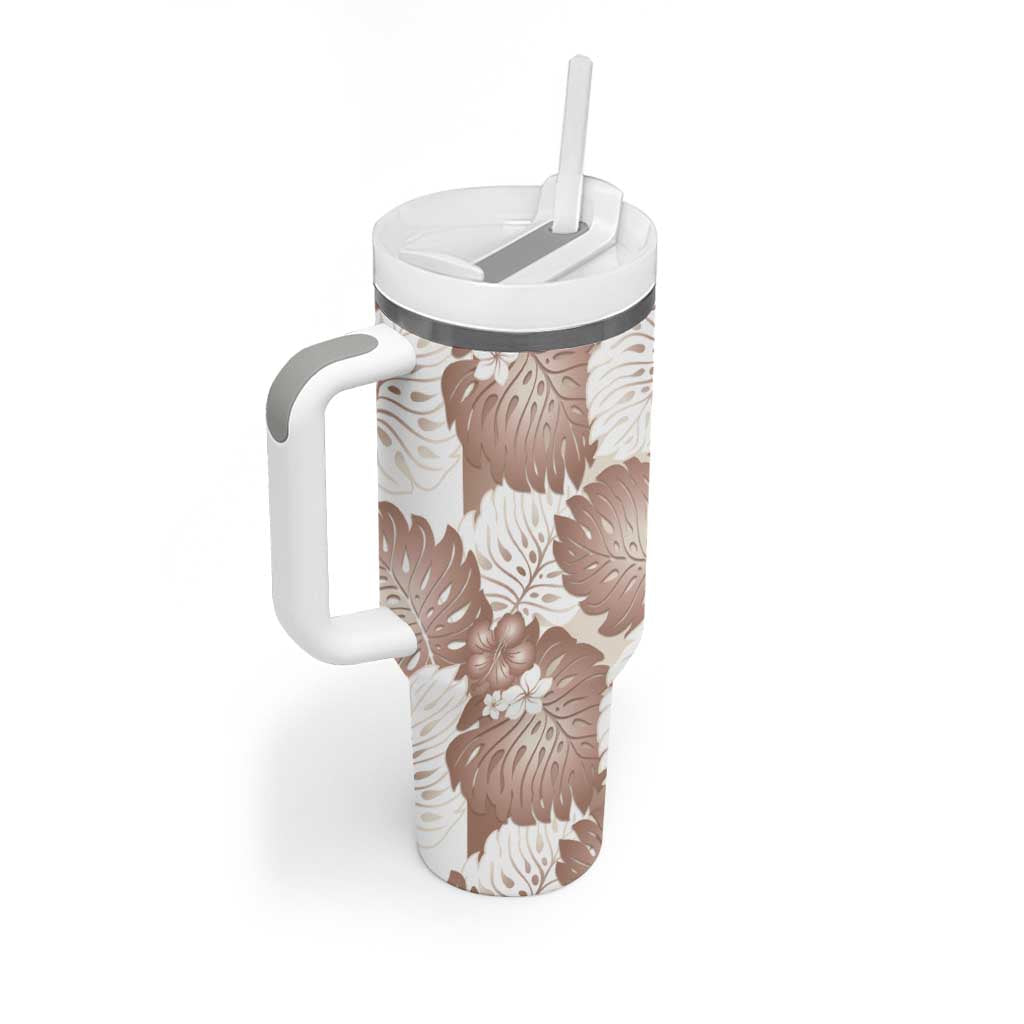 Mocha Mousse Aloha Hawaii Tumbler With Handle Monstera Hibiscus Plumeria Seamless Vibes - Polynesian Pride