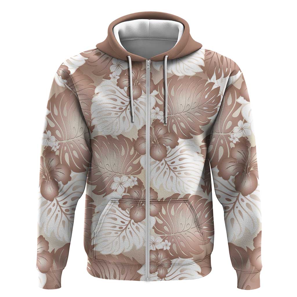 Mocha Mousse Aloha Hawaii Zip Hoodie Monstera Hibiscus Plumeria Seamless Vibes - Polynesian Pride