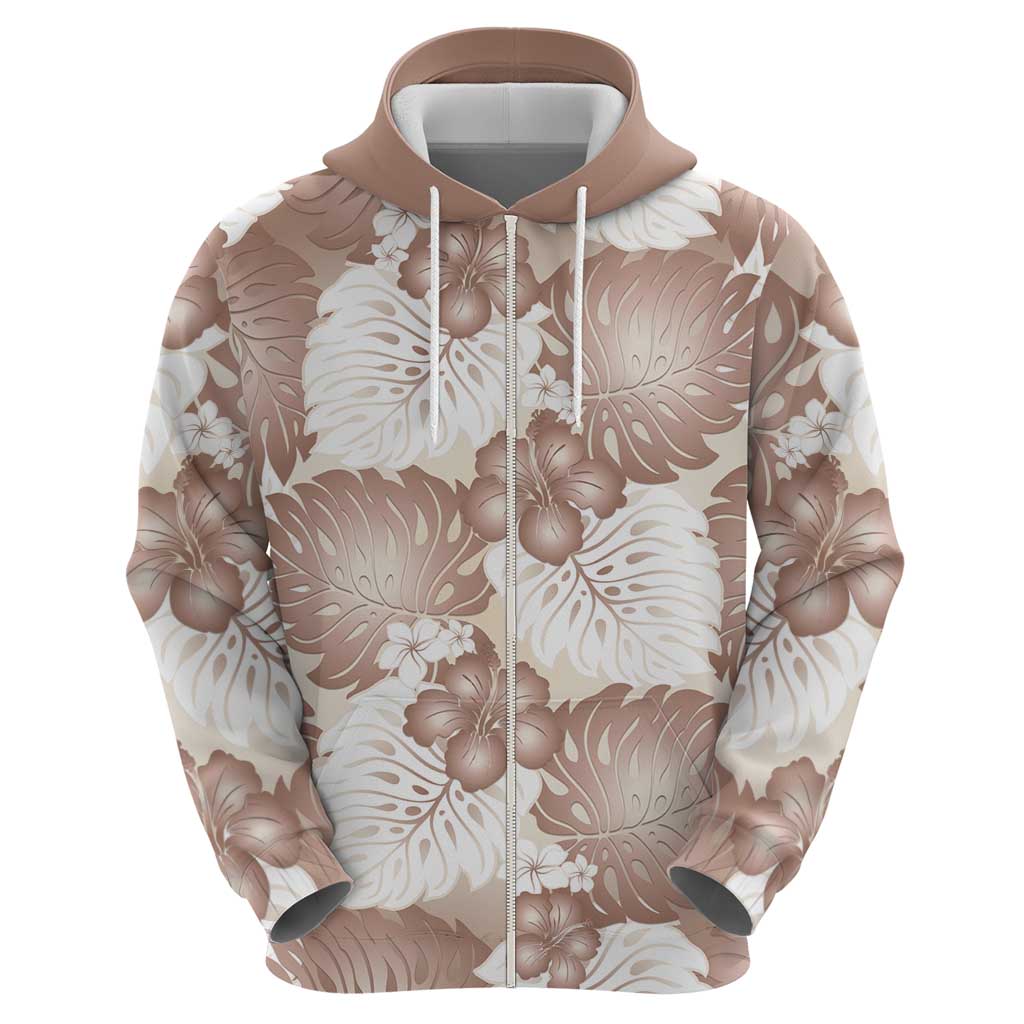 Mocha Mousse Aloha Hawaii Zip Hoodie Monstera Hibiscus Plumeria Seamless Vibes - Polynesian Pride