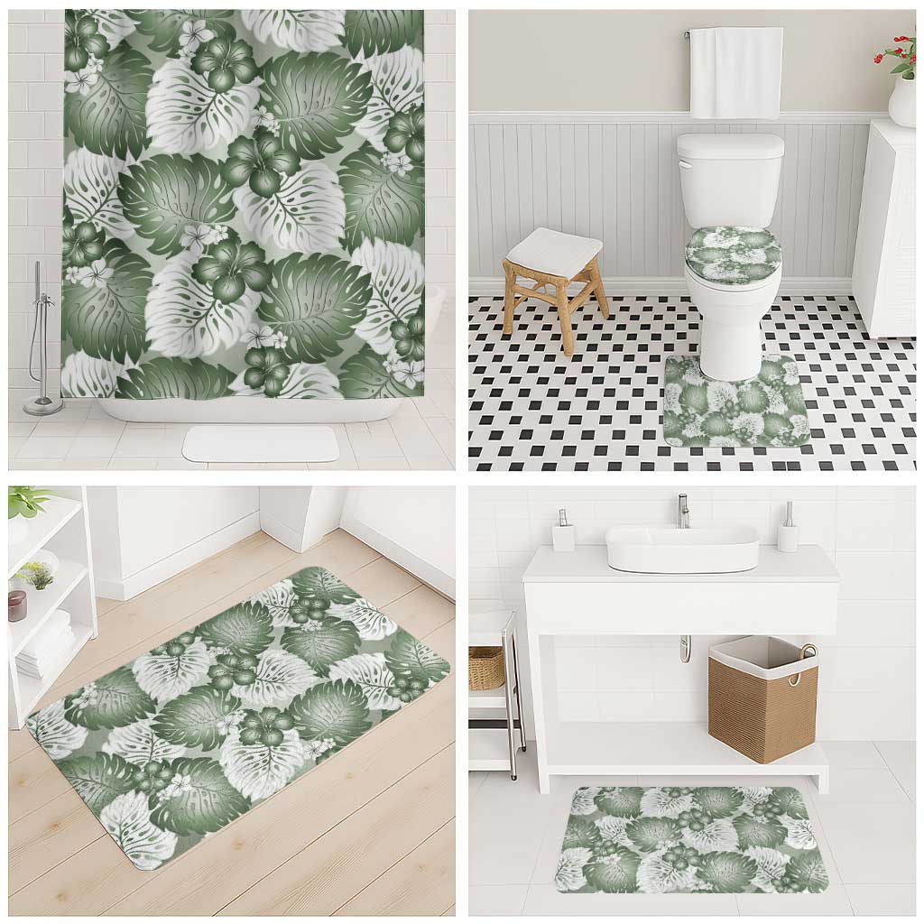Sage Green Aloha Hawaii Bathroom Set Monstera Hibiscus Plumeria Seamless Vibes - Polynesian Pride