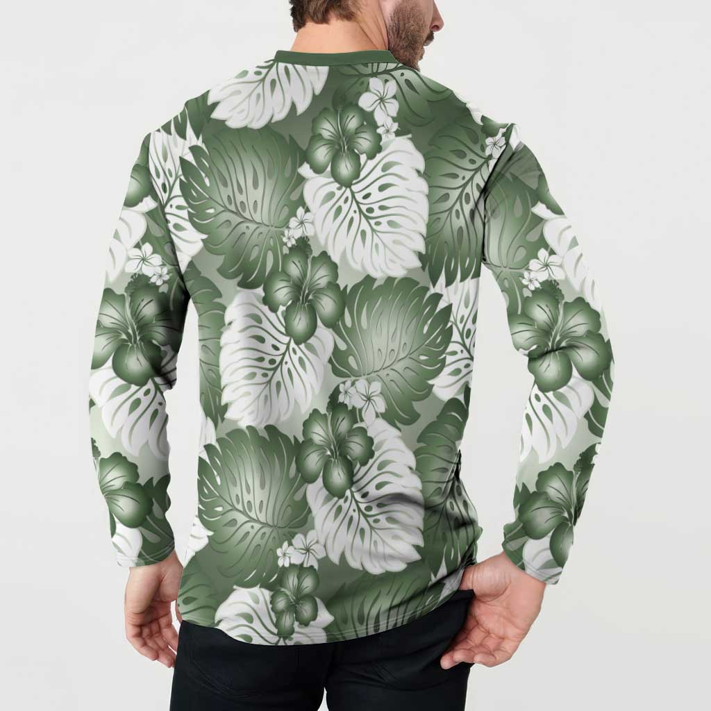 Sage Green Aloha Hawaii Button Sweatshirt Monstera Hibiscus Plumeria Seamless Vibes - Polynesian Pride