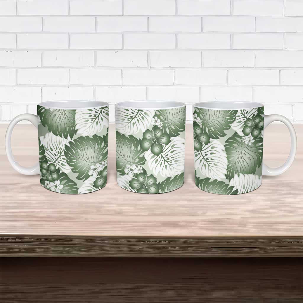 Sage Green Aloha Hawaii Ceramic Mug Monstera Hibiscus Plumeria Seamless Vibes - Polynesian Pride
