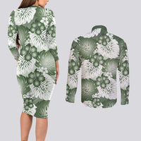 Sage Green Aloha Hawaii Couples Matching Long Sleeve Bodycon Dress and Long Sleeve Button Shirt Monstera Hibiscus Plumeria Seamless Vibes - Polynesian Pride