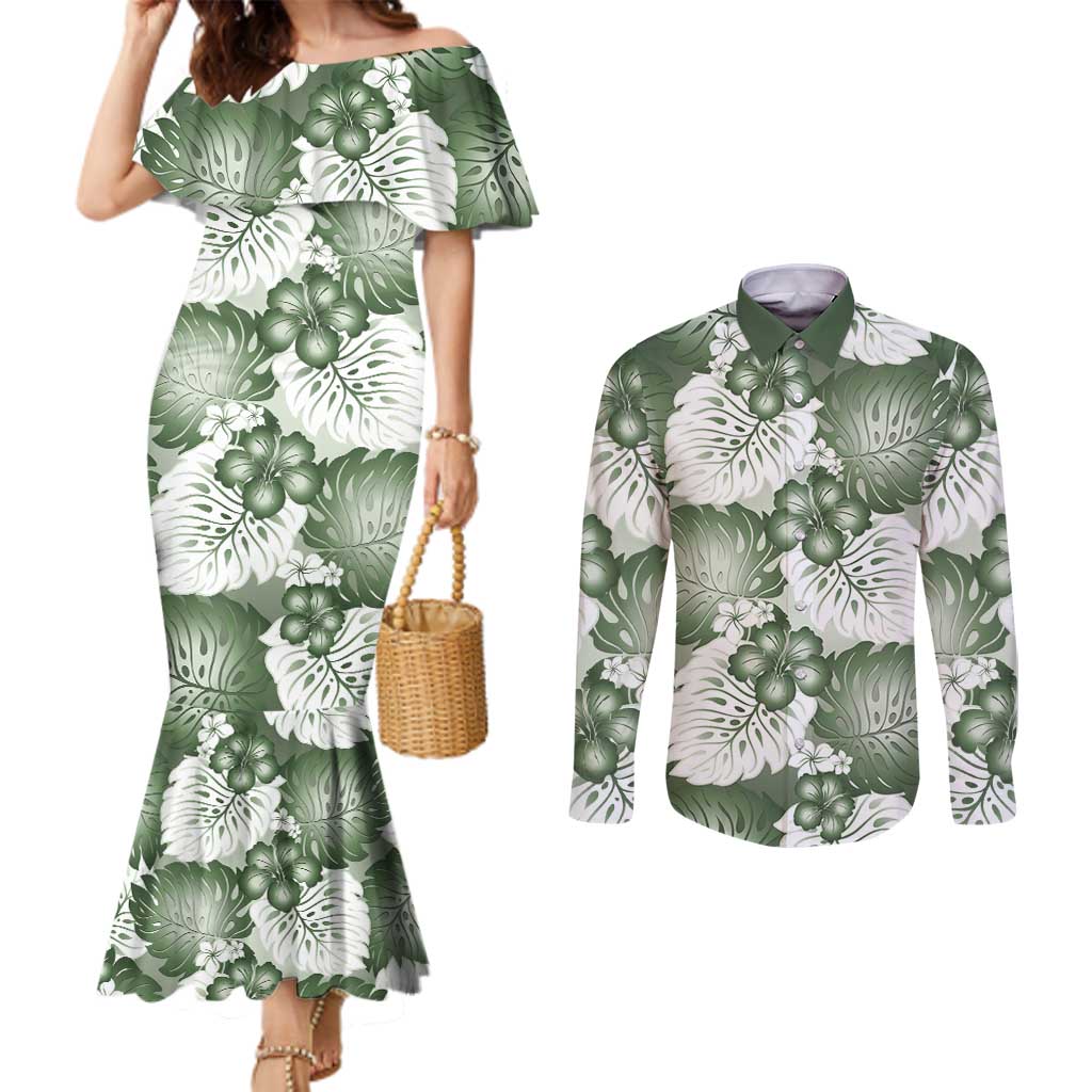 Sage Green Aloha Hawaii Couples Matching Mermaid Dress and Long Sleeve Button Shirt Monstera Hibiscus Plumeria Seamless Vibes - Polynesian Pride
