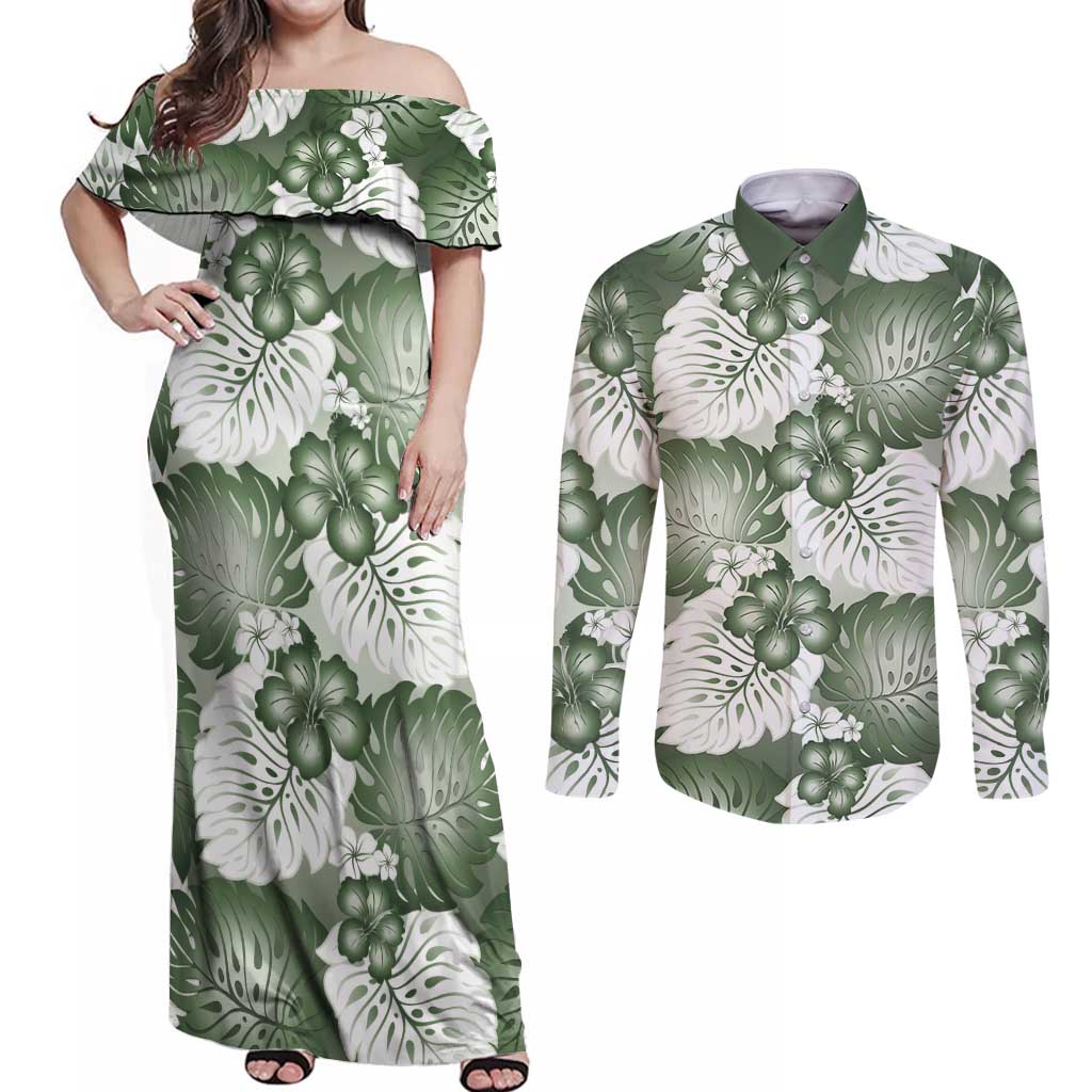 Sage Green Aloha Hawaii Couples Matching Off Shoulder Maxi Dress and Long Sleeve Button Shirt Monstera Hibiscus Plumeria Seamless Vibes - Polynesian Pride