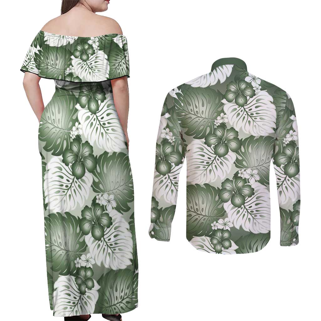 Sage Green Aloha Hawaii Couples Matching Off Shoulder Maxi Dress and Long Sleeve Button Shirt Monstera Hibiscus Plumeria Seamless Vibes - Polynesian Pride