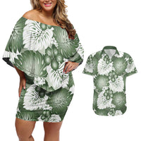 Sage Green Aloha Hawaii Couples Matching Off Shoulder Short Dress and Hawaiian Shirt Monstera Hibiscus Plumeria Seamless Vibes - Polynesian Pride