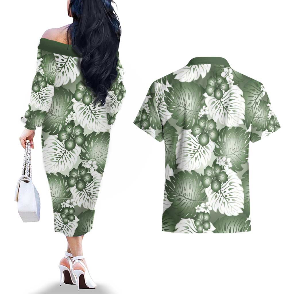 Sage Green Aloha Hawaii Couples Matching Off The Shoulder Long Sleeve Dress and Hawaiian Shirt Monstera Hibiscus Plumeria Seamless Vibes - Polynesian Pride
