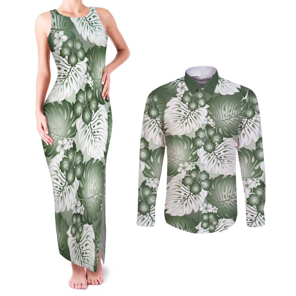 Sage Green Aloha Hawaii Couples Matching Tank Maxi Dress and Long Sleeve Button Shirt Monstera Hibiscus Plumeria Seamless Vibes - Polynesian Pride
