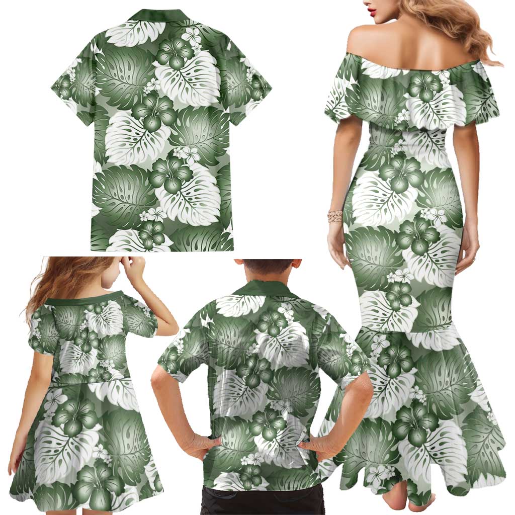Sage Green Aloha Hawaii Family Matching Mermaid Dress and Hawaiian Shirt Monstera Hibiscus Plumeria Seamless Vibes - Polynesian Pride