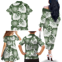 Sage Green Aloha Hawaii Family Matching Off The Shoulder Long Sleeve Dress and Hawaiian Shirt Monstera Hibiscus Plumeria Seamless Vibes - Polynesian Pride