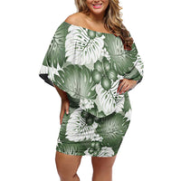 Sage Green Aloha Hawaii Family Matching Off Shoulder Short Dress and Hawaiian Shirt Monstera Hibiscus Plumeria Seamless Vibes - Polynesian Pride