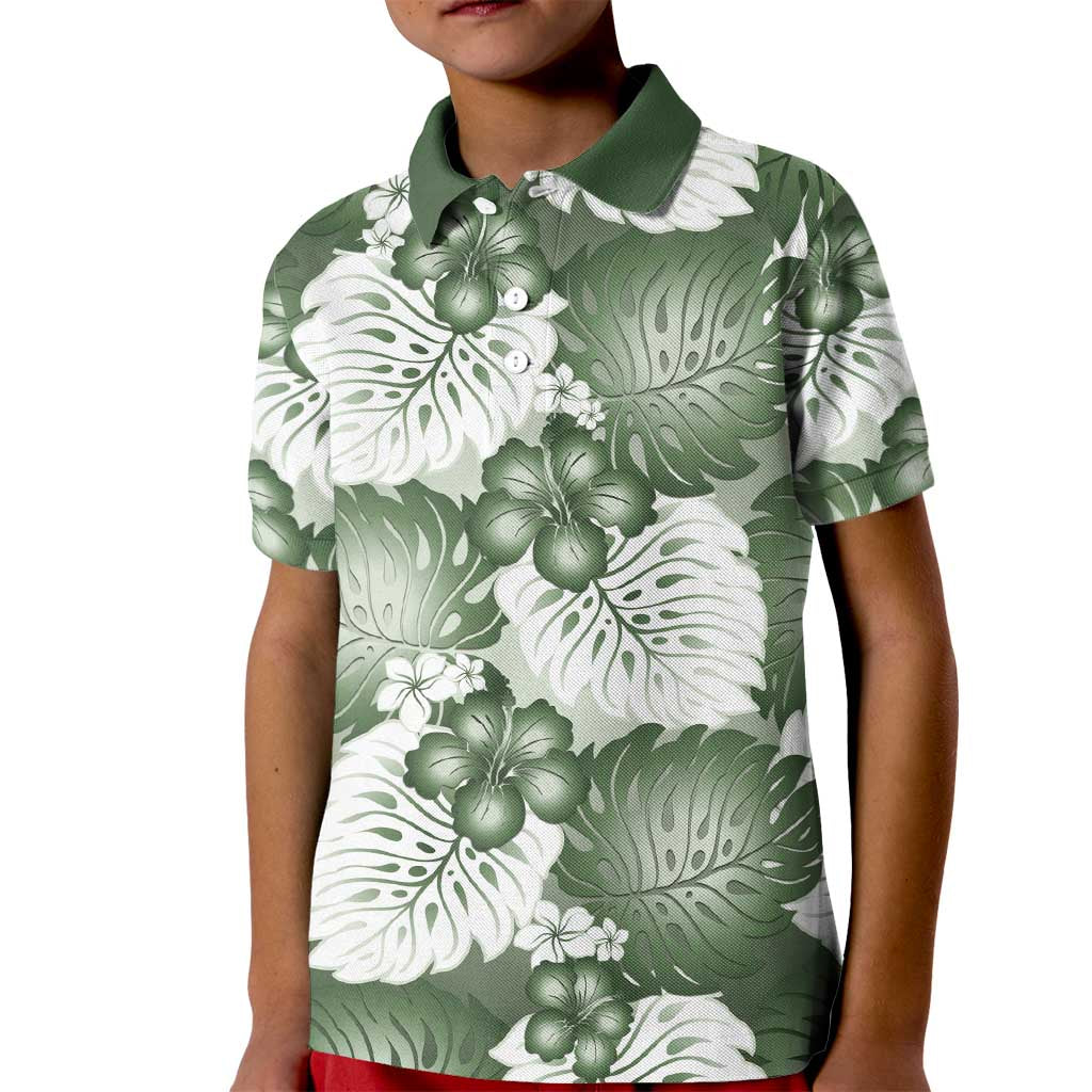 Sage Green Aloha Hawaii Kid Polo Shirt Monstera Hibiscus Plumeria Seamless Vibes - Polynesian Pride