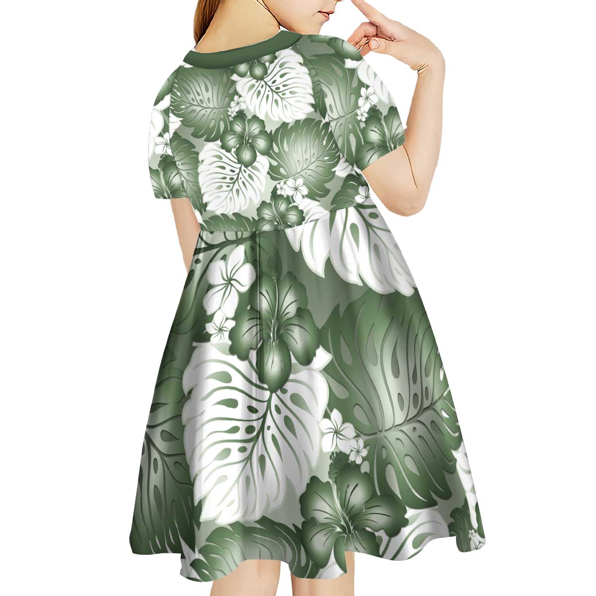 Sage Green Aloha Hawaii Kid Short Sleeve Dress Monstera Hibiscus Plumeria Seamless Vibes - Polynesian Pride