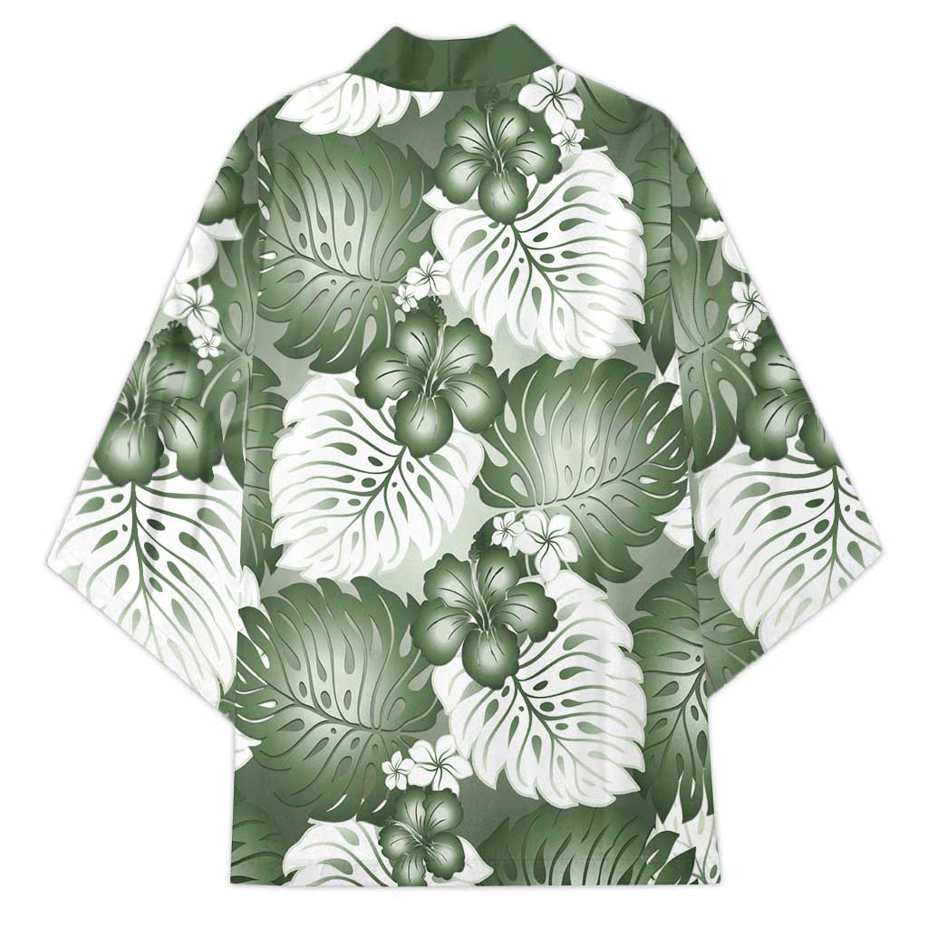 Sage Green Aloha Hawaii Kimono Monstera Hibiscus Plumeria Seamless Vibes - Polynesian Pride