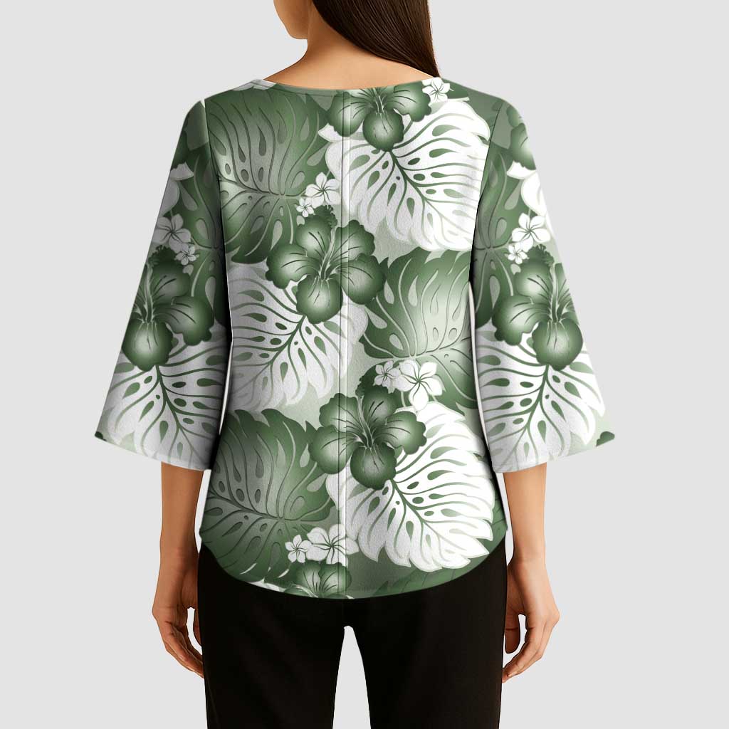 Sage Green Aloha Hawaii Kimono Sleeve Blouse Monstera Hibiscus Plumeria Seamless Vibes - Polynesian Pride