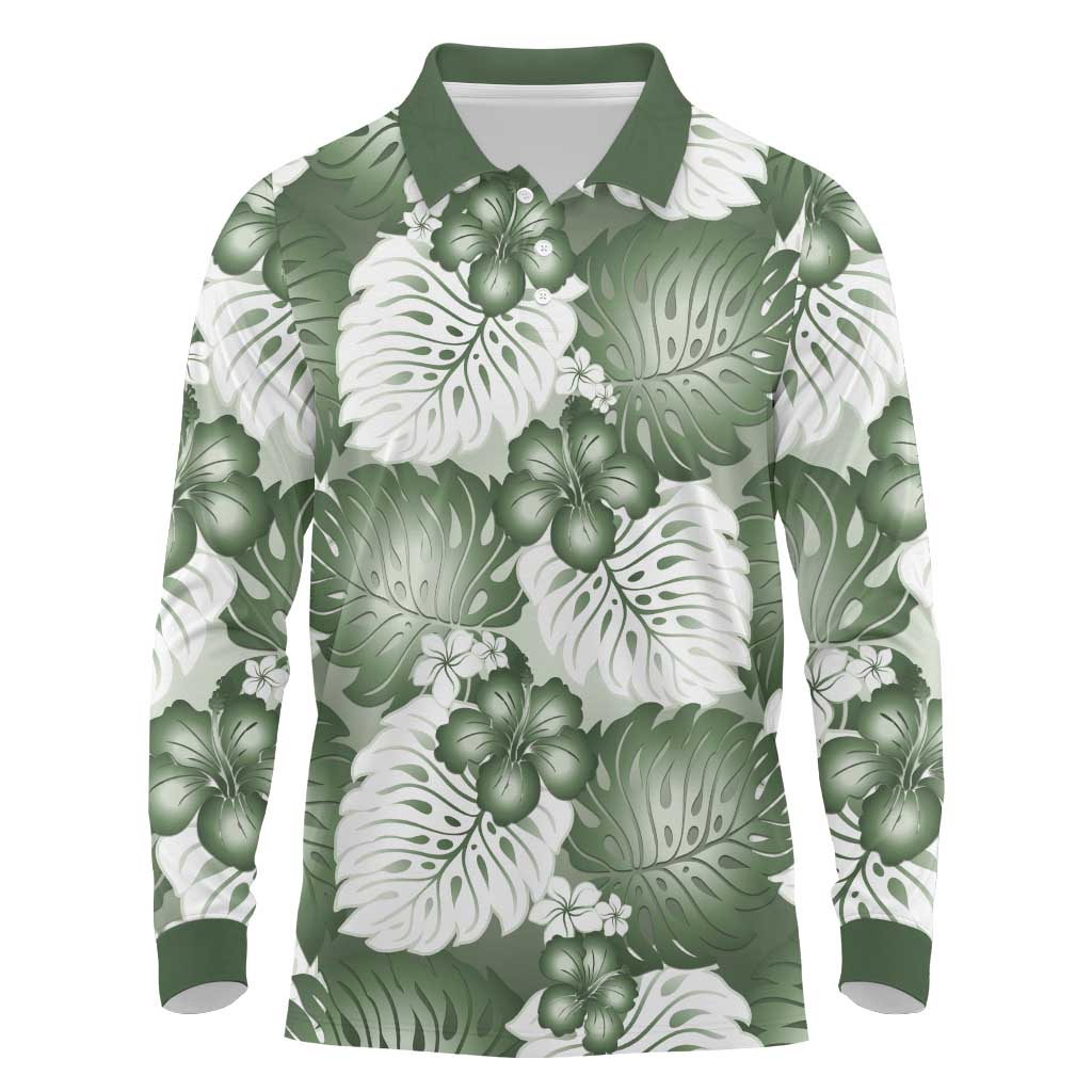 Sage Green Aloha Hawaii Long Sleeve Polo Shirt Monstera Hibiscus Plumeria Seamless Vibes - Polynesian Pride