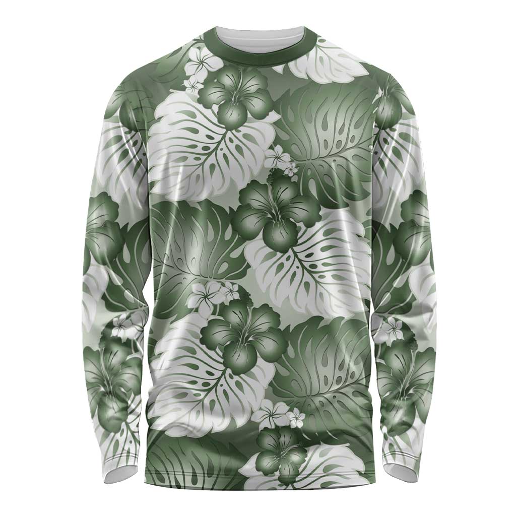 Sage Green Aloha Hawaii Long Sleeve Shirt Monstera Hibiscus Plumeria Seamless Vibes - Polynesian Pride