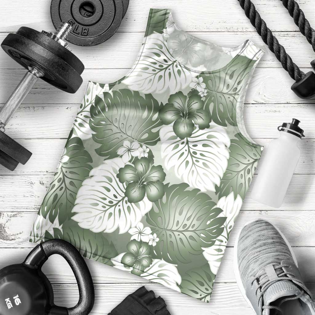 Sage Green Aloha Hawaii Men Tank Top Monstera Hibiscus Plumeria Seamless Vibes - Polynesian Pride