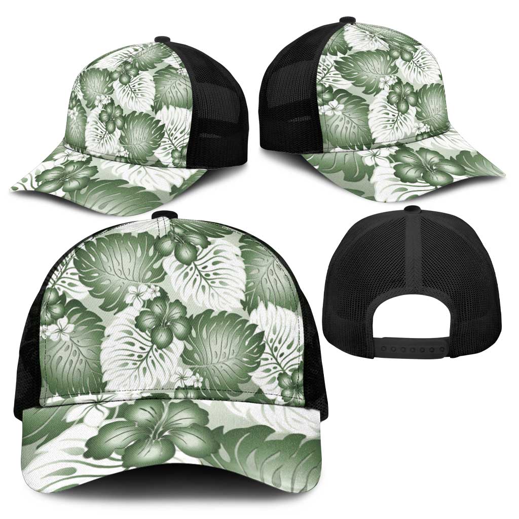 Sage Green Aloha Hawaii Mesh Trucker Cap Monstera Hibiscus Plumeria Seamless Vibes - Polynesian Pride