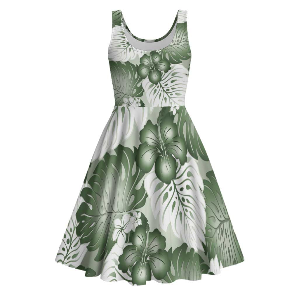 Sage Green Aloha Hawaii Midi Dress Monstera Hibiscus Plumeria Seamless Vibes - Polynesian Pride
