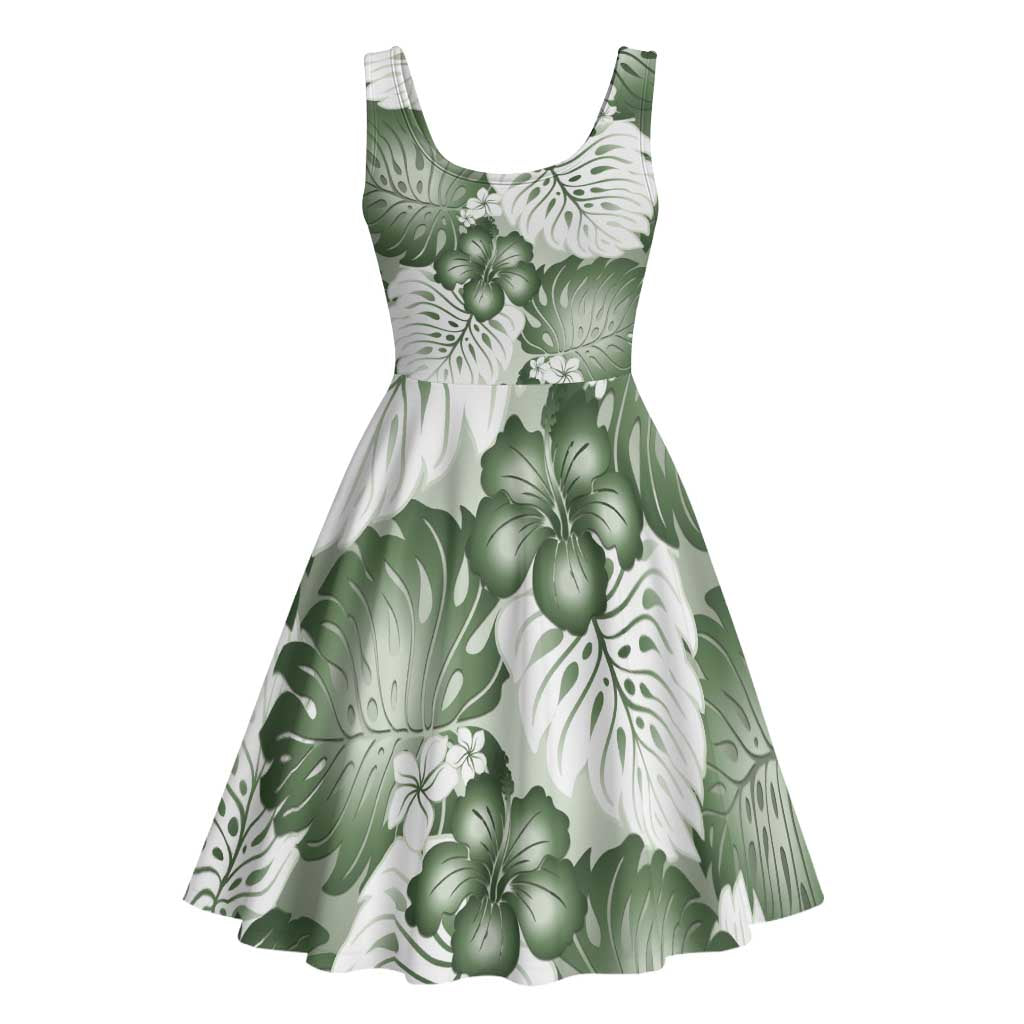 Sage Green Aloha Hawaii Midi Dress Monstera Hibiscus Plumeria Seamless Vibes - Polynesian Pride