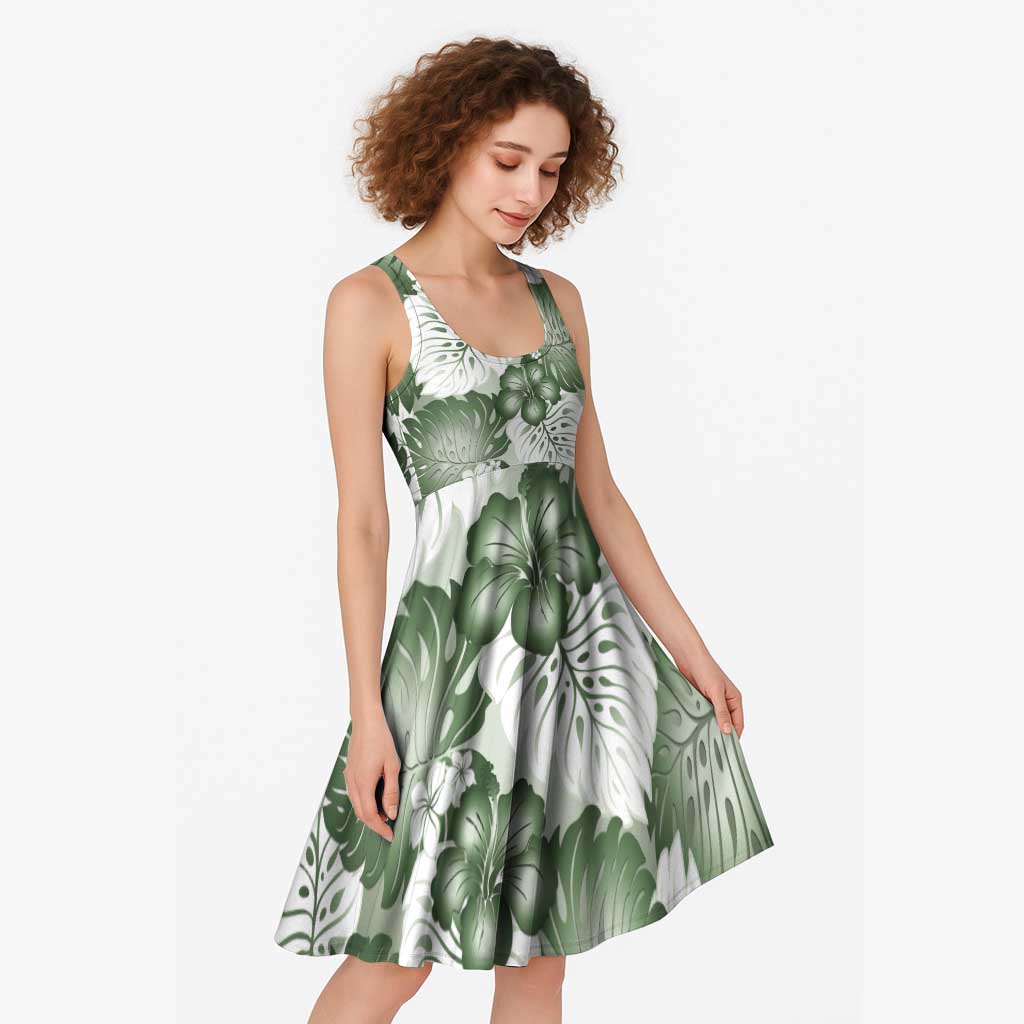 Sage Green Aloha Hawaii Midi Dress Monstera Hibiscus Plumeria Seamless Vibes - Polynesian Pride