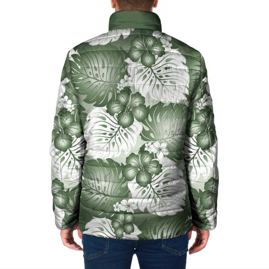 Sage Green Aloha Hawaii Padded Jacket Monstera Hibiscus Plumeria Seamless Vibes - Polynesian Pride