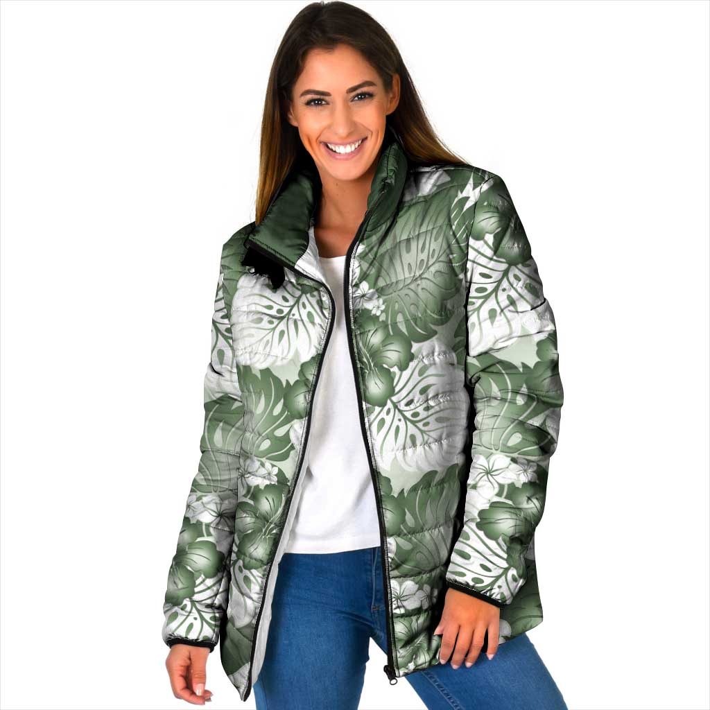 Sage Green Aloha Hawaii Padded Jacket Monstera Hibiscus Plumeria Seamless Vibes - Polynesian Pride